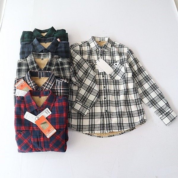 春秋季新品男长袖格子加绒衬衫方领纽扣宽松保暖青年百搭上衣4X