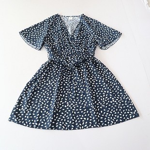 花色斑点连衣裙V领套头松紧收腰时尚 短袖 百搭A字裙H4 女中长款 夏季