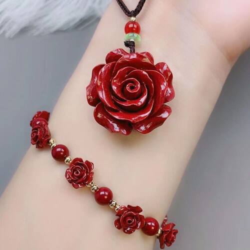 天然辰砂【保真】朱砂花开富贵国风玫瑰花吊坠项链女百搭饰品
