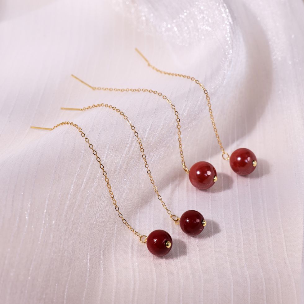 朱砂925银耳饰 气质红豆珠珠耳线女简约国风耳饰民族风转运珠耳钉