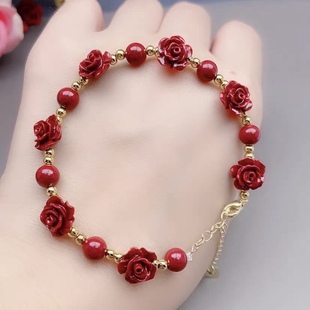 朱砂玫瑰花原矿辰砂手串女款紫金砂一路生花原创国风手链百搭饰品