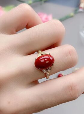 保真正品朱砂戒指活口可调节指环蛋面戒指女时尚饰品新年红色礼物