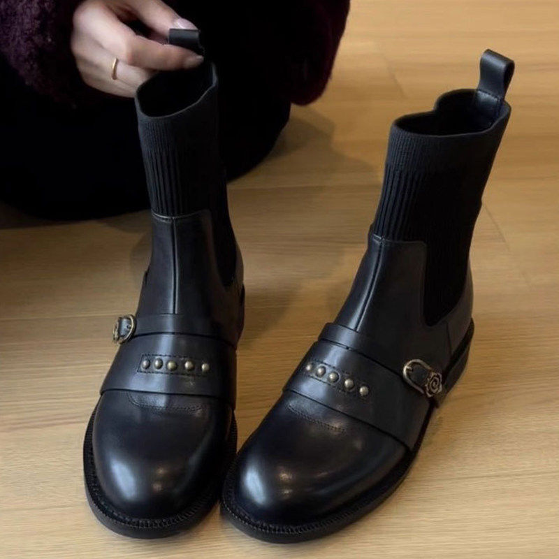 牛皮版~马丁靴女冬季加绒2026新款休闲弹力瘦瘦靴铆钉复古短靴子,女鞋,弹力靴/袜靴,淘宝优惠券,粉丝福利购,淘宝优惠卷