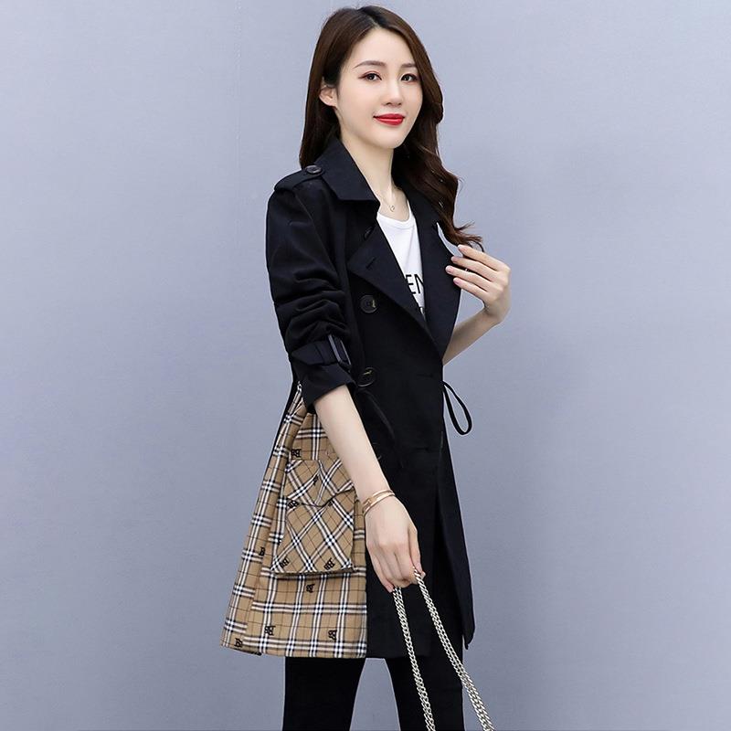 流行风衣外套女长款款春秋年韩版ZAI219宽松新格子拼接卡其色大中