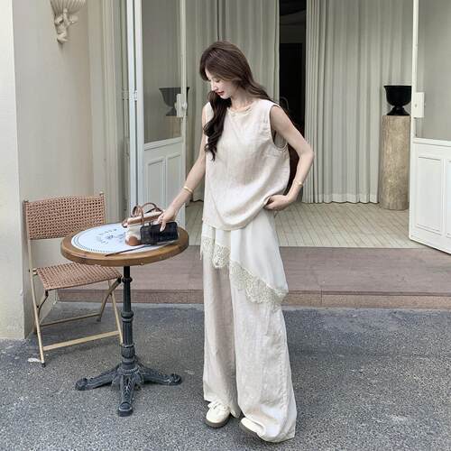 件燕麦色复古心C393-982蕾丝帘阔腿背裤套装女夏日屁新款俏皮休闲