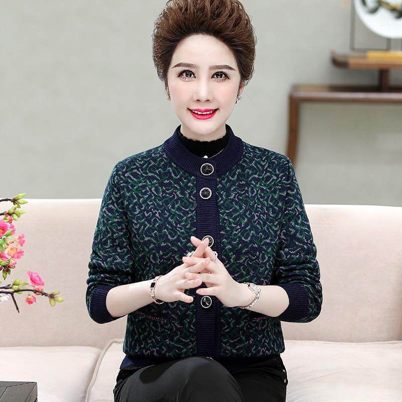 绒冬季新款女式妈妈羊衫老圆领开衫提花870-QB加厚保暖毛年衣中外