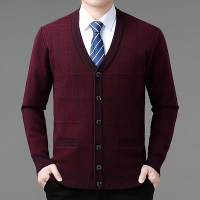 秋开冬季羊绒衫中老年男外士255-B+爸衫爸装衫毛衣套厚款格子羊毛