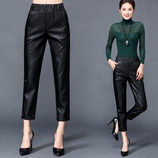子哈潮 宽松中年休闲瘦显直筒九分皮裤 秋裤 冬绵羊11877皮伦女装