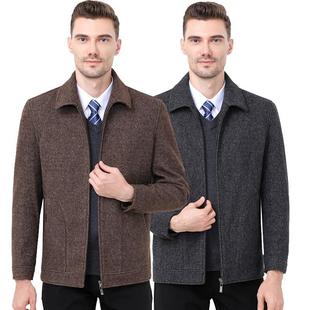 冬新装款中年男895122式毛夹克休呢闲格子领羊毛翻呢子茄克外套男