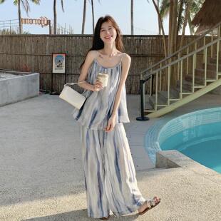 法C075-260式假整风晕染吊带上度衣腿套装女夏季年新款一套阔裤两