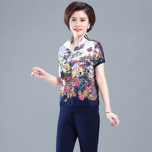夏装短袖恤时尚115-1977洋气中老年人运动妈服套装妈印女大码中年