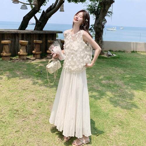 白色夏天美小套超装女气质仙立体花D037-102朵网纱背绝心身裙两半