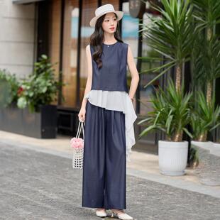 阔时尚休闲套装MF8601-0上夏季款新女装拼接气质衣腿裤两件套裤