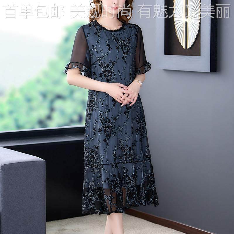 1687真丝衣裙女短袖裙新夏季款修身显瘦收腰连气质洋气印花雪纺子