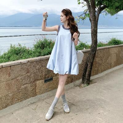 蓝色松弛感小个子花无袖新连衣裙浅女夏2B173-16季款撞色拼接苞字