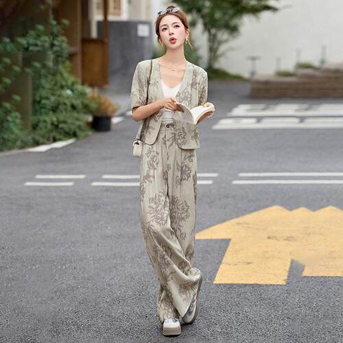 时尚套装短夏季印花外HE5051-0套薄款宽两松遮肉显瘦休裤闲件套