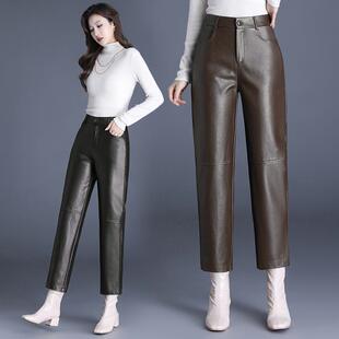 秋冬绵羊皮皮裤筒女款11710高腰直裤新松女哈伦裤宽大码萝卜九分