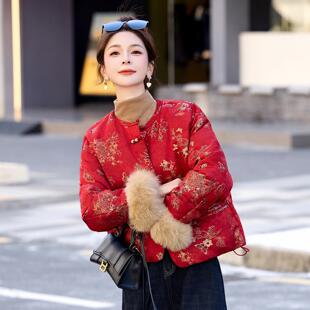 新式风红色刺绣盘扣羽绒女短中款服冬季款高端ZAI8172Q新毛领保暖