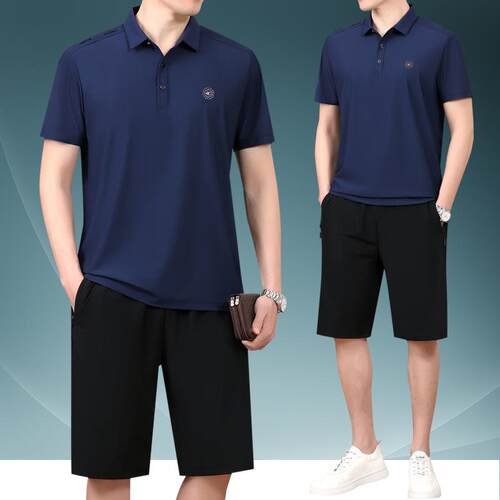 爸71348158夏装中老年动服套运套装男夏季冰丝短袖翻爸领衫休闲两