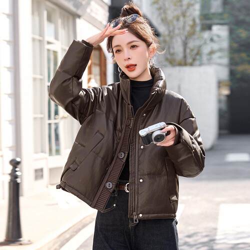 立领ZYING899加厚皮面羽绒女短款冬新款服级感装暖保白鸭绒皮衣外