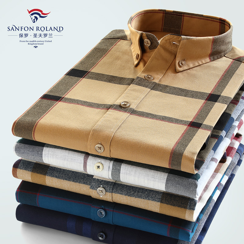 保罗秋冬新款纯棉格子磨毛衬衫男士长袖加绒休闲商务宽松时尚衬衣