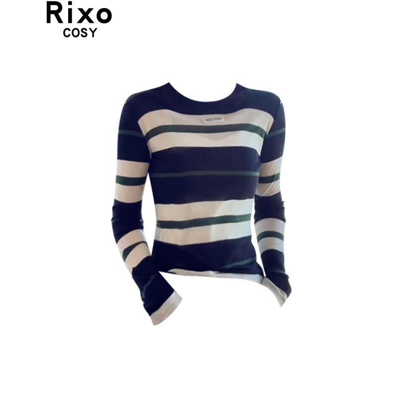 RIXO COSY韩系休闲撞色条纹长袖打底t恤女秋修身气质百搭薄款罩衫