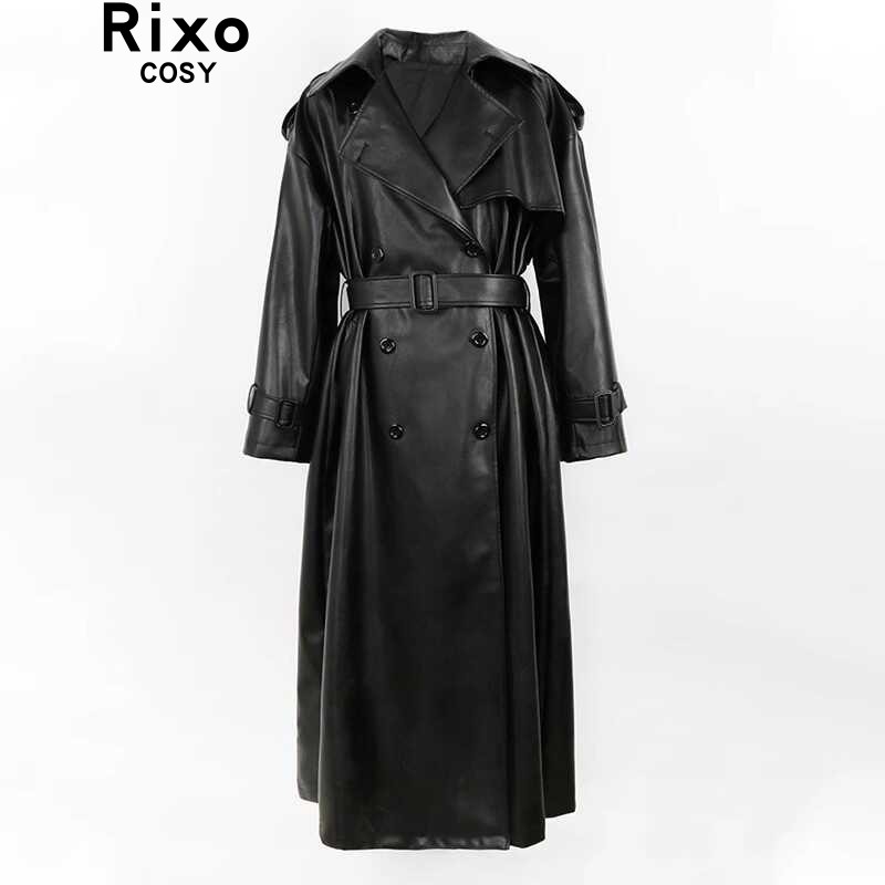 RIXO COSY黑色Oversize皮风衣女秋冬高端长款双排扣宽松外套