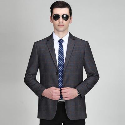 装休西服春新款中年男士商务闲格纹羊毛男单西职业2019-1-I秋正装