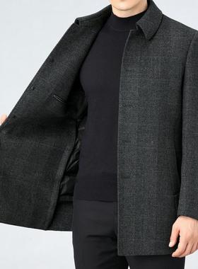 毛呢大衣男中长款子呢外套男士翻胆领格子加98819羽绒内厚双面羊