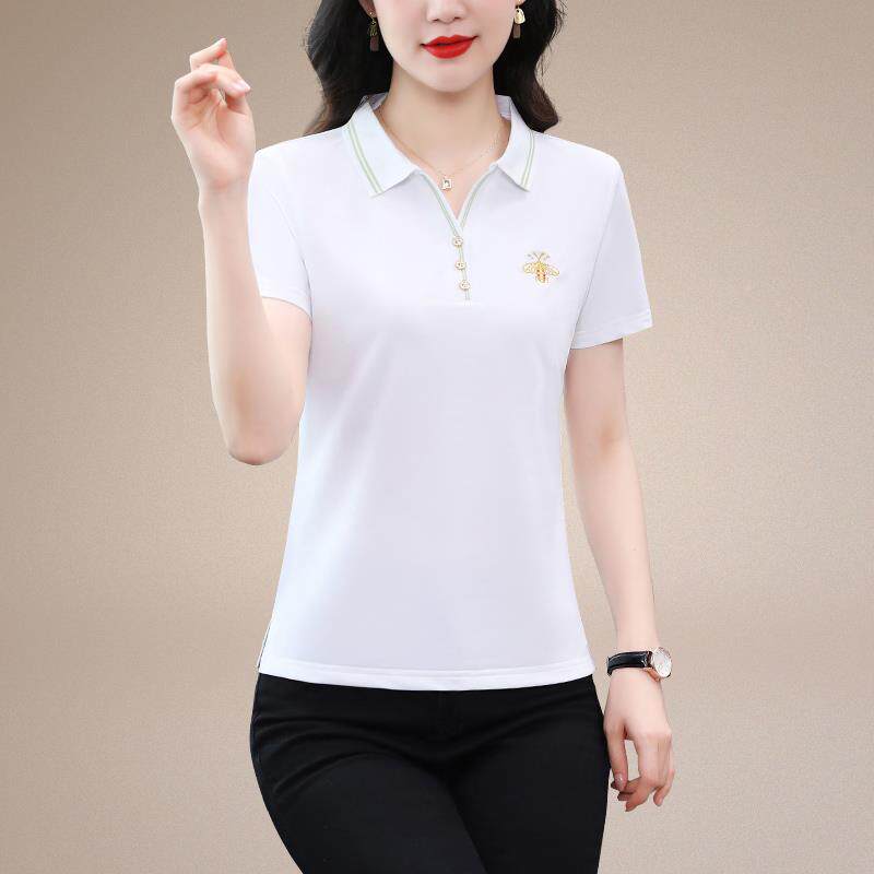 翻领纯棉衫袖恤季新款短89978790洋气妈妈中年宽松女显瘦夏上衣