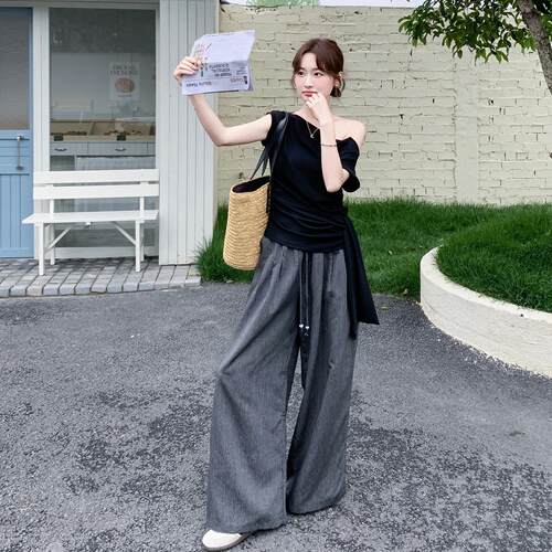 黑阔色设条计感C338-H64斜露肩上衣纹腿套装女夏韩系别裤致两件套