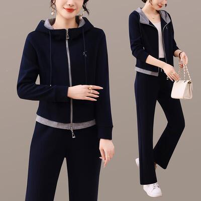 闲宽松965261遮肉休套女装春秋季年新款印花中装年妈妈两件套