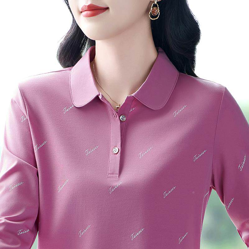 白色长袖女春BDM秋衣妈时尚印花恤衫宽松百搭洋气打妈底上翻领