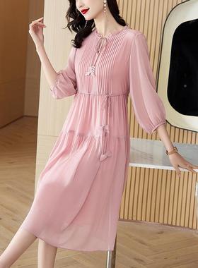 华情丝连衣裙减龄妈真修身耳显EM8698妈瘦高端设计感木边桑蚕丝裙