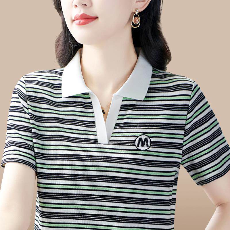短袖恤女夏季新7899458士款中年妈条妈夏装宽松领纹上衣女衫