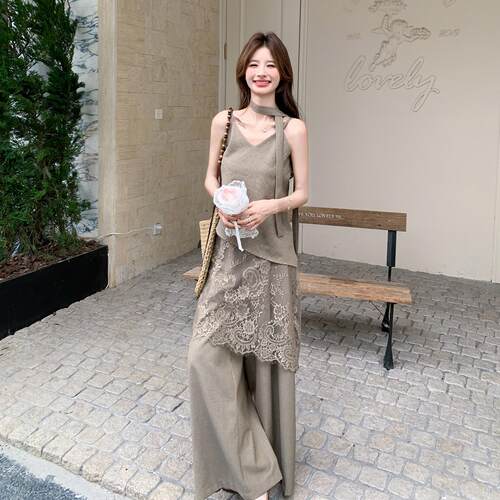 法式贵气感装吊带蕾丝花休闲裤套女钩c332-737夏日新款修身气质两