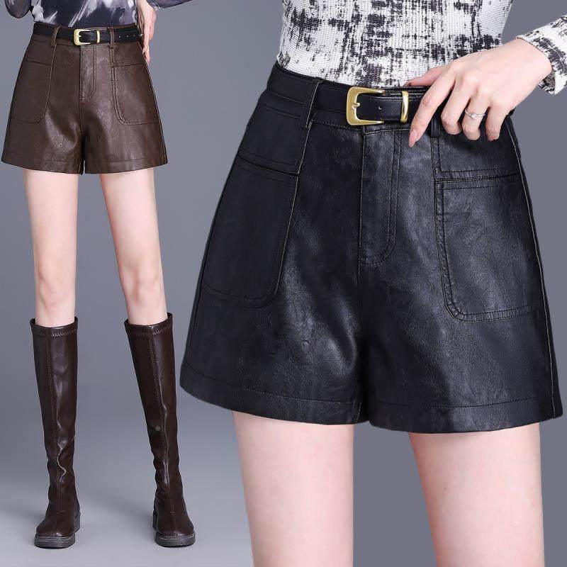休秋闲直裤筒年22598绵冬季新款女羊皮皮裤宽松时尚高腰阔腿短裤