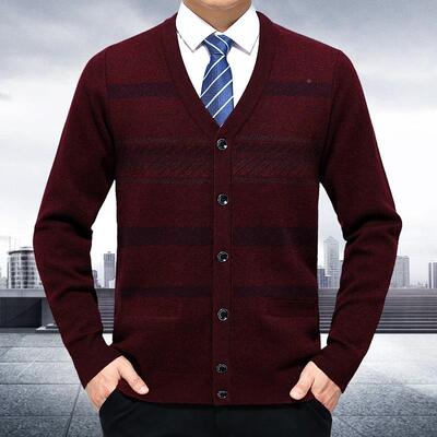 新套款秋羊UNE毛绒开衫男中老年领条纹休闲爸爸装羊冬针织毛衣外