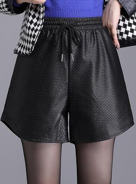 品牌绵羊皮短裤裤女秋冬装格宽松高阔腿腰显66800瘦纹短皮外穿靴