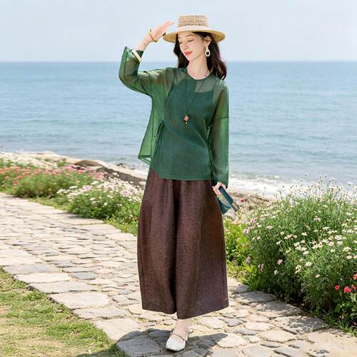 时套装SY2821A-夏衫季新款女尚装新中衬吊带衫式阔腿裤三件套裤
