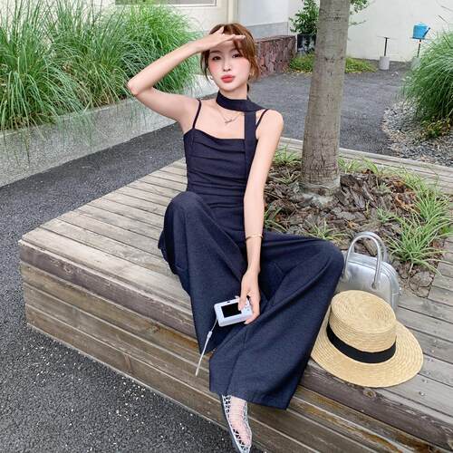感深蓝色高级气质抹夏胸吊带套装女新D037-887款感垂显瘦阔腿裤两
