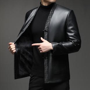 秋冬潮流国中潮提花拼接休 BB装 男套士唐皮夹克式 复古盘扣外9255