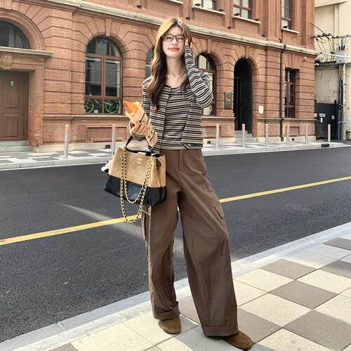 约设计感简条纹背阔腿裤套装女春懒季新心款慵风休ZR2C166闲三件