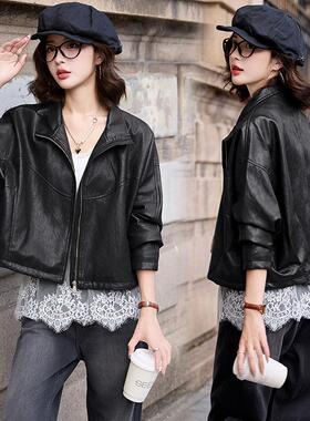 年17037-Q1欧货气质黑外套女春秋子显短款瘦修身圆领色小个上衣潮