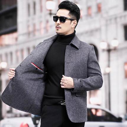 男式克夹秋冬手工双面呢羊1-W7毛翻夹克商务领休羊毛呢加闲厚外套