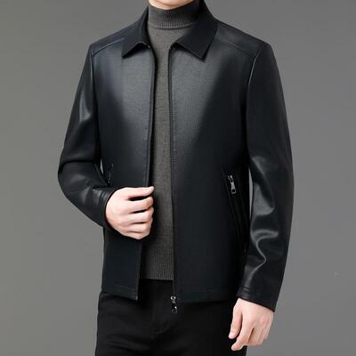 春秋海宁士绵商羊皮衣中年务休季闲男款茄克翻领男皮夹86885-U克