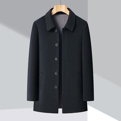 男士爸翻领羊夹毛克F28-NN秋冬季中装老年爸毛呢扣子款外套