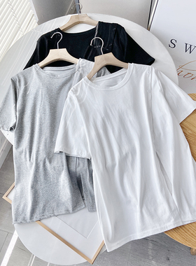 档口清仓 韩版圆领钮扣开叉短袖T恤 上衣女