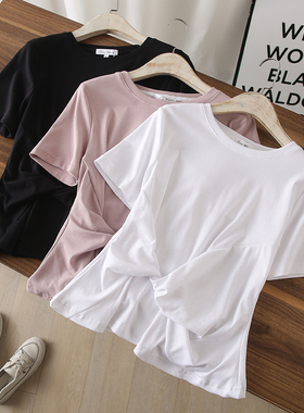 档口清仓 韩版短款打结圆领短袖T恤 上衣女