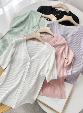 档口清仓 韩版V领条纹针织衫 短袖T恤 女